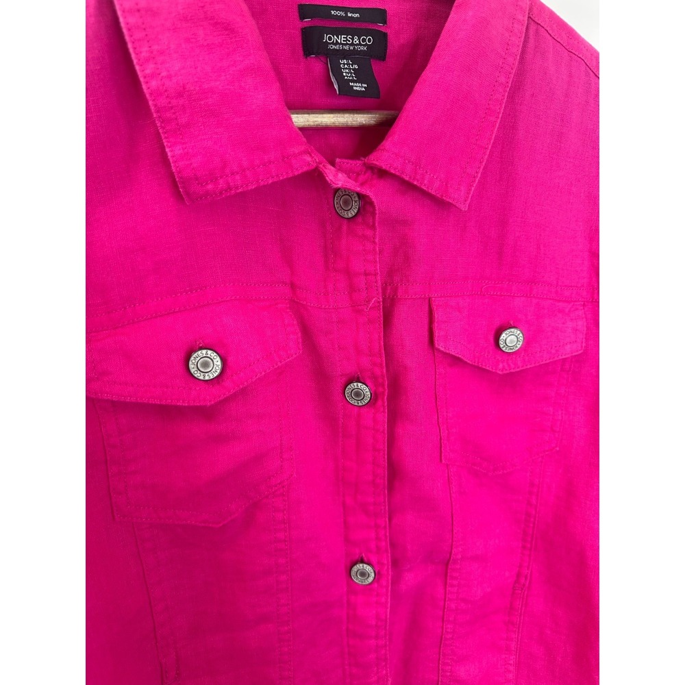 Jones & Co 100% Linen Jones New York Pink Trucker Jacket Large Fuchsia Layering - Picture 5 of 10